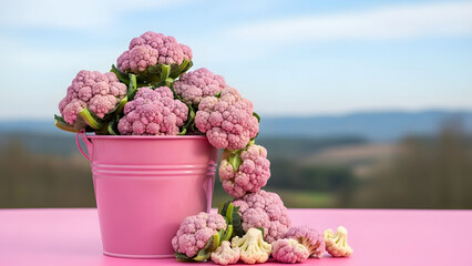 Fresh purple cauliflower in pink bucket