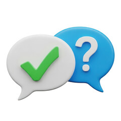 Two speech bubbles one with a check mark the other with a question mark isolated on transparent background