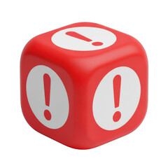 Red game die with white exclamation marks isolated on transparent background