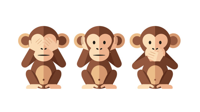 Illustration of the three wise monkeys covering eyes ears and mouth representing see no evil hear no evil speak no evil.