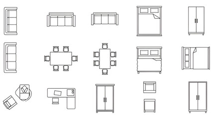 Furniture Top View Icons Collection | Thin Line Interior Layout Symbols
