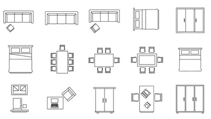 Furniture CAD Line Icons Top View | Architectural Floor Plan Symbol Set