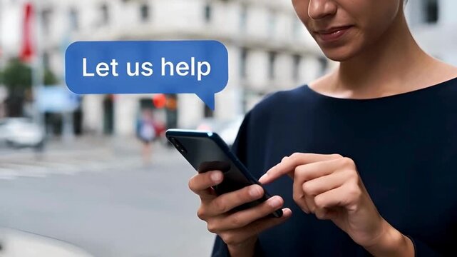 A modern woman is looking a smartphone message with the word let us help on street. Close-up shot with blurred background creates a sense of intimacy and connection.