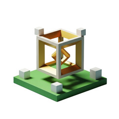 Wooden miniature structure with abstract figure inside isolated on transparent background