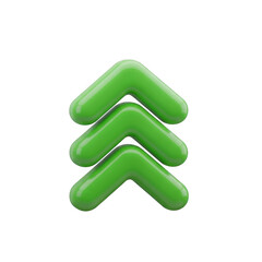 Three glossy green upward pointing arrows stacked together isolated on transparent background