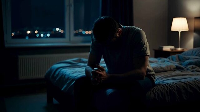 A person sits alone in a dark room late at night, a moment of profound contemplation, the dim lighting casts long shadows. 