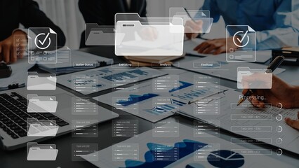 A collaborative business meeting scene showcasing data analysis and digital tools. Focused professionals engage in project management, enhancing workflow and decision-making. Raster