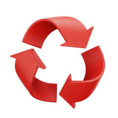 Red recycling symbol with three chasing arrows isolated on transparent background
