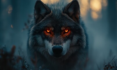 Obraz premium A Majestic Wolf with Fiery Eyes Staring Intensely into the Viewer
