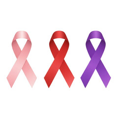 Three awareness ribbons in pink red and purple isolated on transparent background