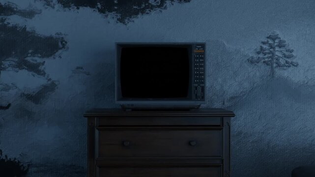 3d Animation of an old television with alpha channel screen in front of oil-painted mural	