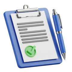 Blue clipboard with document and pen isolated on transparent background