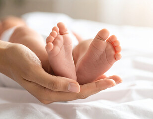 A loving parent gently cradles the tiny feet of their newborn baby in their hands on a soft white bed