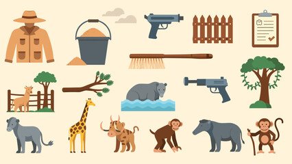Obraz premium Zoo and safari wildlife set featuring animals, zookeeper uniforms, feeding buckets, enclosures, and veterinary tools for animal care tasks.
