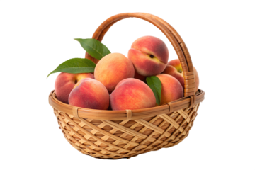 Ripe peaches bursting with flavor, a delicious and healthy choice for any occasion, photographed in a rustic woven basket on a clean white background