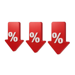 Three red arrows with percentage symbols pointing down isolated on transparent background