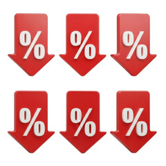 Six red downward pointing arrows with percentage symbols isolated on transparent background