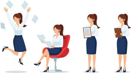 Obraz premium Businesswoman Character Poses – Office Work and Career Illustration SetBusinesswoman Character Poses – Office Work and Career Illustration Set
