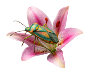 Vibrant iridescent jewel bug with metallic green and orange colors rests gracefully on a beautiful pink lily flower covered in fresh morning dew drops in a detailed macro view
