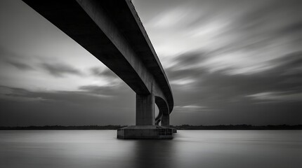 Dramatic Black and White Long Exposure of a Concrete Bridge Over a Calm River with Motion Blur Clouds Minimalist Fine Art Photography for Architectural Design Corporate Header and Background