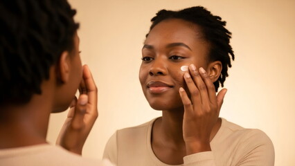 An African American woman is applying face cream to her problem skin with acne. Daily skincare and cosmetic procedures. Skin care, cosmetics, and moisturizing. On a beige background.