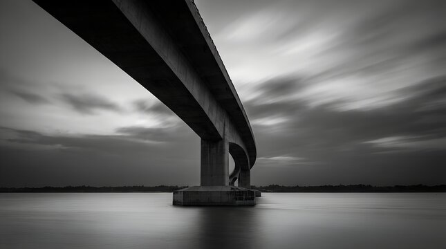 Dramatic Black and White Long Exposure of a Concrete Bridge Over a Calm River with Motion Blur Clouds Minimalist Fine Art Photography for Architectural Design Corporate Header and Background