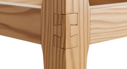 Close up of wooden dovetail joint on light brown wood furniture detail woodworking