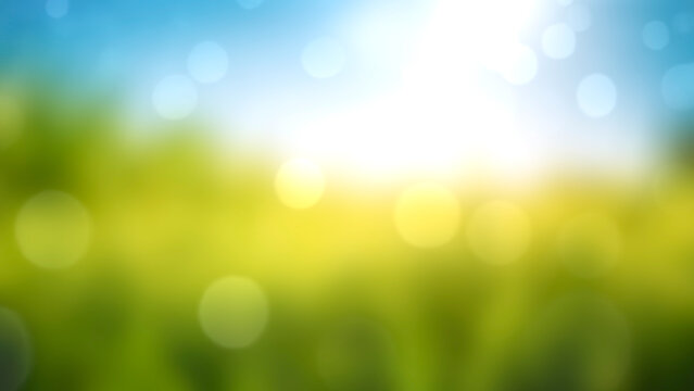Sunny spring meadow blur background, blue sky to green grass gradient