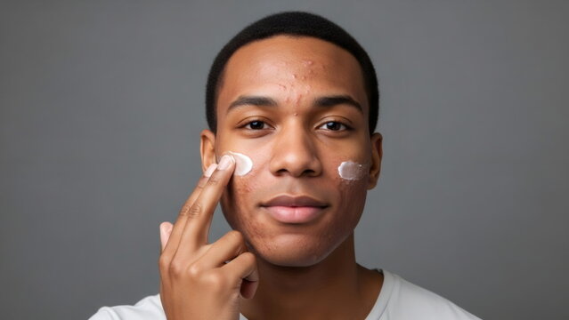 An African American man applies cream to his problematic facial skin, which is suffering from acne. Male skincare and procedures to maintain healthy skin. Daily use of cosmetic products.