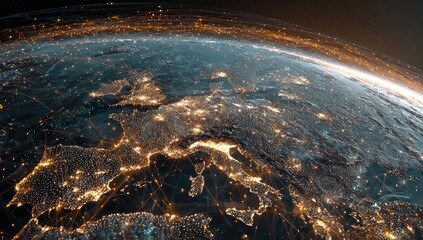 Orbital view of Earth at night, illuminated by city lights and network connections