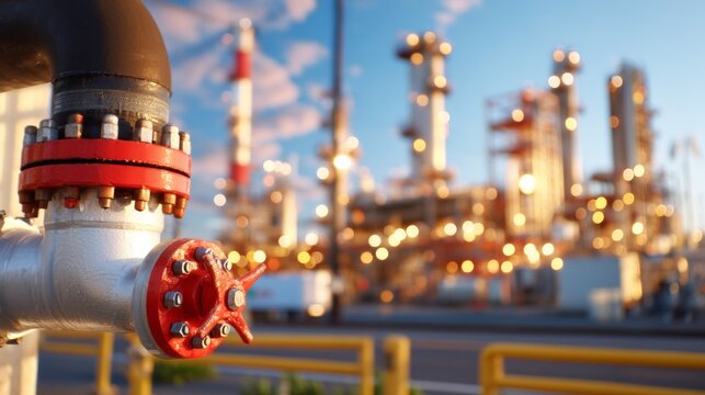 Detailed View of a Refinery Distillation Column in an Industrial Setting at Sunset