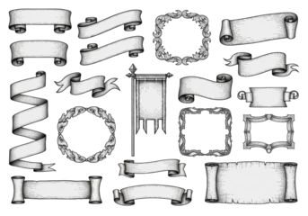 Detailed black ink antique heraldic vector illustrations, including ornate frames, blank ribbon banners, and scrolls, on a clean transparent background. Concept for vintage commercial design assets