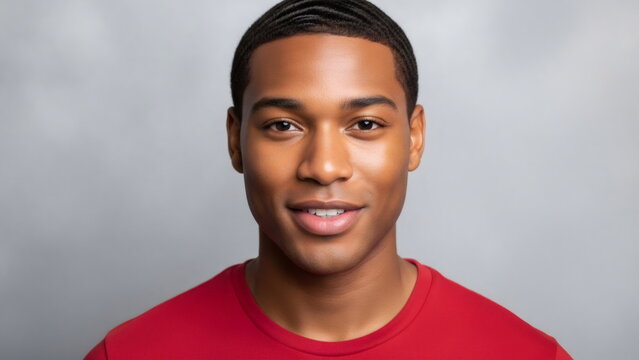 A young African American man looks at the camera with a friendly smile. A close-up portrait, symbolizing individuality and positive emotions. Against a light background. Copy space.