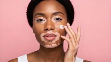 An African American woman with vitiligo applies a serum or face cream to her cheek. The concept of skincare and cosmetic procedures. Dermatological product. Pink background.