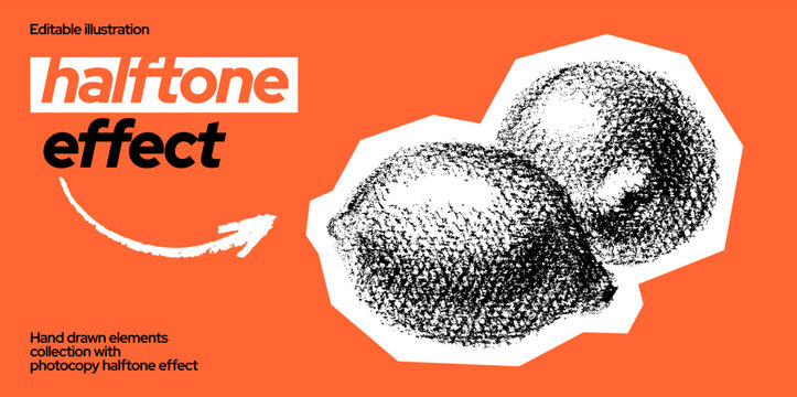 Halftone lemon fruit. Amalfi Italy coast food. Photocopy comic collage on orange. Retro pop cutout effect illustration. Dotted lemon sketch for limoncello cocktail. Halftone texture scrapbook graphic