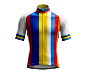 Vibrant men's short-sleeve cycling jersey with a colorful vertical stripe pattern in blue, red, and yellow, featuring breathable white mesh sleeves and a full front zipper