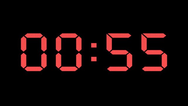 Red retro digital led countdown timer display from one minute to zero seconds on black background with glowing neon segmented numbers