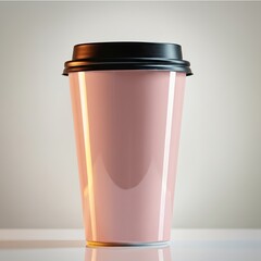 Pink disposable coffee cup with black lid on white table and gray background for morning beverage concepts