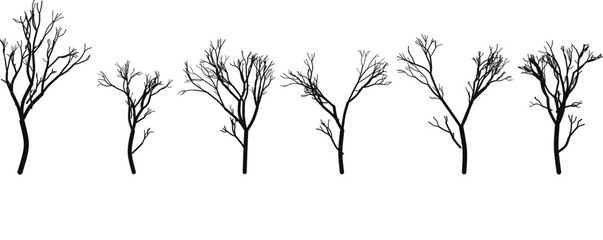 Seven black bare tree silhouettes on white background