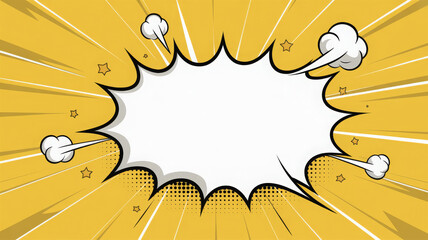 Pop art splash background, explosion in comics book style, blank layout template with halftone dots, clouds beams and isolated dots pattern on yellow backdrop. Vector template for ad, covers, posters.