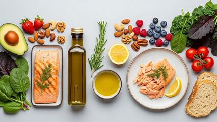 Healthy meal ingredients including fresh salmon, vegetables, nuts, fruits, and olive oil arranged on a light surface, perfect for preparing a nutritious and delicious dish.