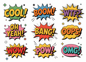 Collection comic speech effects. Colored set sound bubble effects in pop art style.