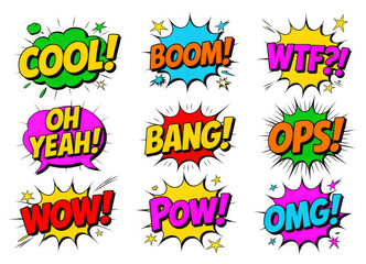 Collection comic speech effects. Colored set sound bubble effects in pop art style.
