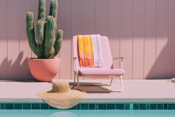 A pastel pink lounge chair with a textured sunhat and towel 