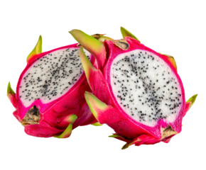 Fresh ripe dragon fruit cut in half revealing its juicy white flesh full of black seeds and vibrant magenta skin with green scales in a detailed close-up view