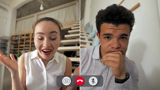 A split screen shows a man looking bored on a team call. Two team members are engaged, sharing ideas and smiling while he seems uninterested and distracted.