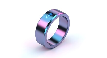 Sleek metallic smart ring with illuminated blue indicator lights and iridescent purple and blue sheen on a white background