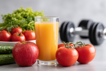 Fresh fruits and vegetables including apples, tomatoes, cucumbers, and lettuce beside a glass of orange juice and a dumbbell on a gray surface promoting healthy lifestyle choices