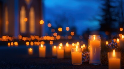 Candles lit during a twilight gathering create a warm glow on the ground with blurred lights in the background, enhancing the serene atmosphere of the evening event