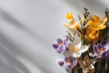 Fototapeta premium Colorful bouquet of crocus and daffodil flowers arranged on a white background with soft shadows creating a serene atmosphere and ample copy space for text